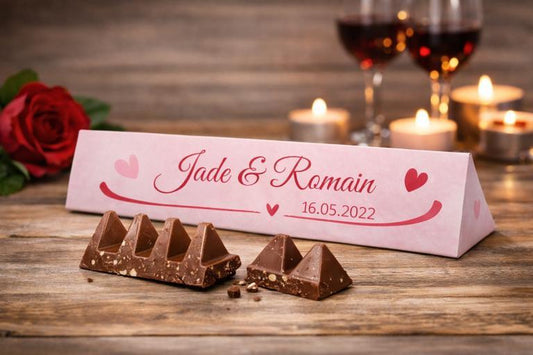 Toblerone personnalisé Saint-Valentin 100g – Cadeau couple – Prénoms & message – Chocolat personnalisé